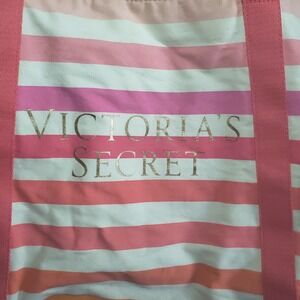 Victoria's Secret Pink Stripe Canvas y2k 00s Beach Tote Bag Gold Logo Frayed Top